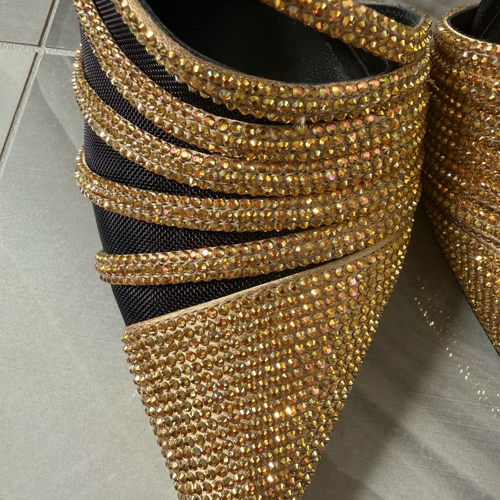 Rene Caovilla Black and Gold Crystal Strappy Pointed Slingback Heels - Picture 4 of 6